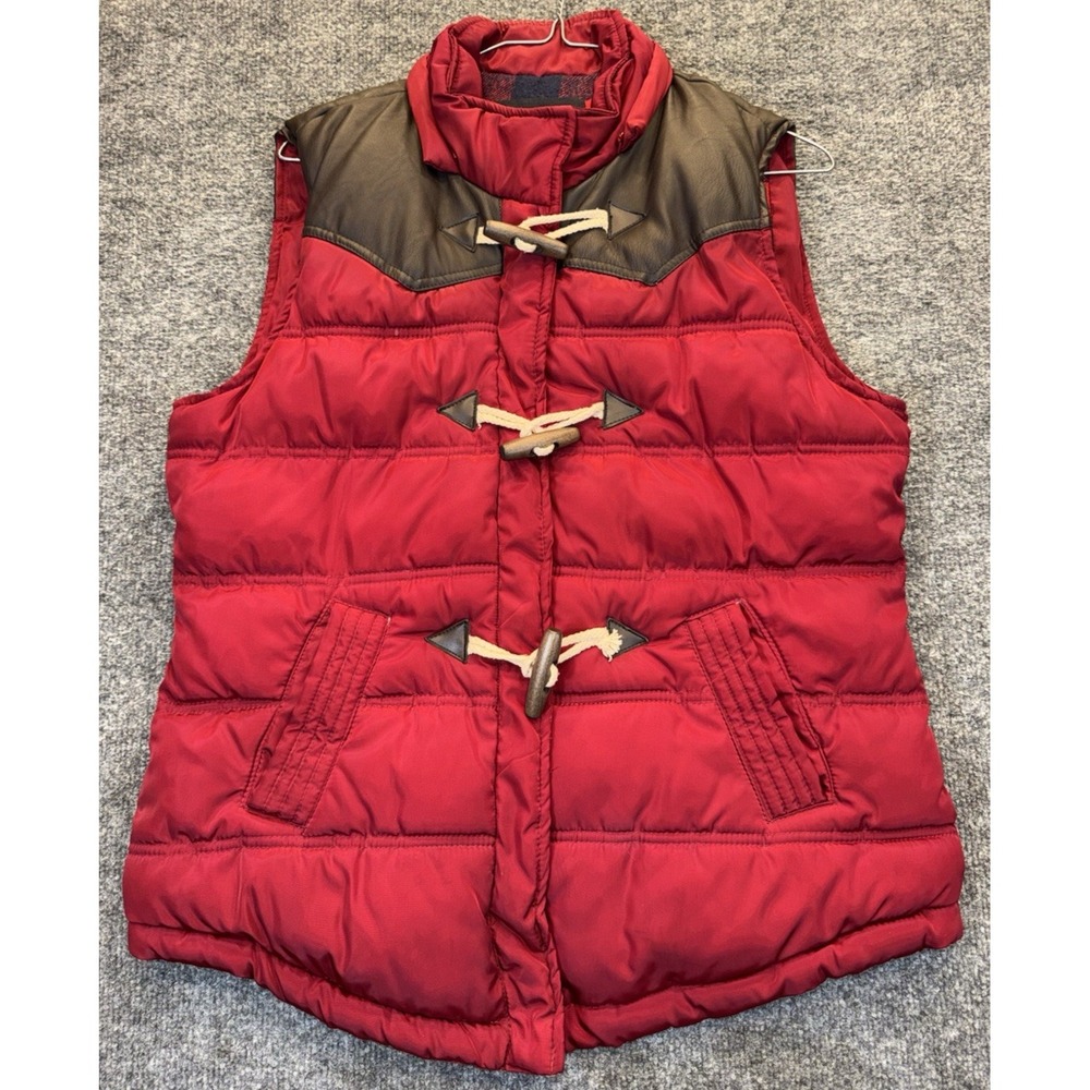 Women's Large Ci Sono Original Red Puffer Vest Toggle Plaid Lined Faux Leather